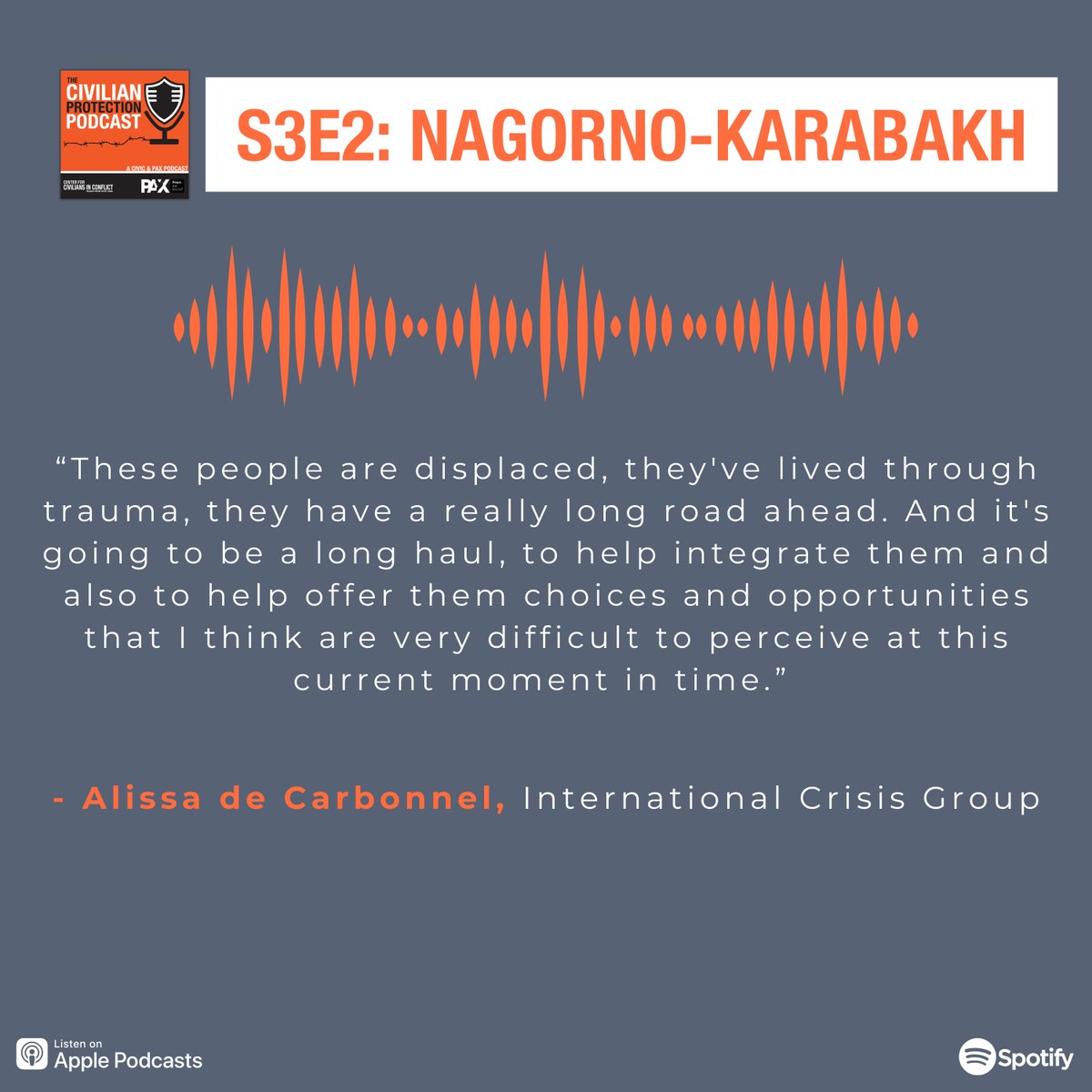 ProtectionPod's tweet image. Ethnic Armenians fleeing #NagornoKarabkh have suffered trauma and arrive to Armenia with significant humanitarian needs. 

International support over the long term will be critical, says @AdeCar @CrisisGroup in our latest episode.

Listen: open.spotify.com/episode/2mrx88…