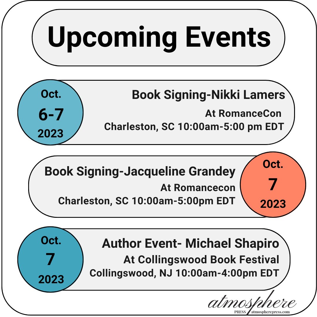 Mark your calendars! We have some exciting author events that you won't want to miss. 
Are you ready to become a published author? 🤔📚Then head to our website to learn how to submit your manuscript today! hubs.la/Q024zGQ60

#AtmospherePress #AuthorEvent #BookPublishing