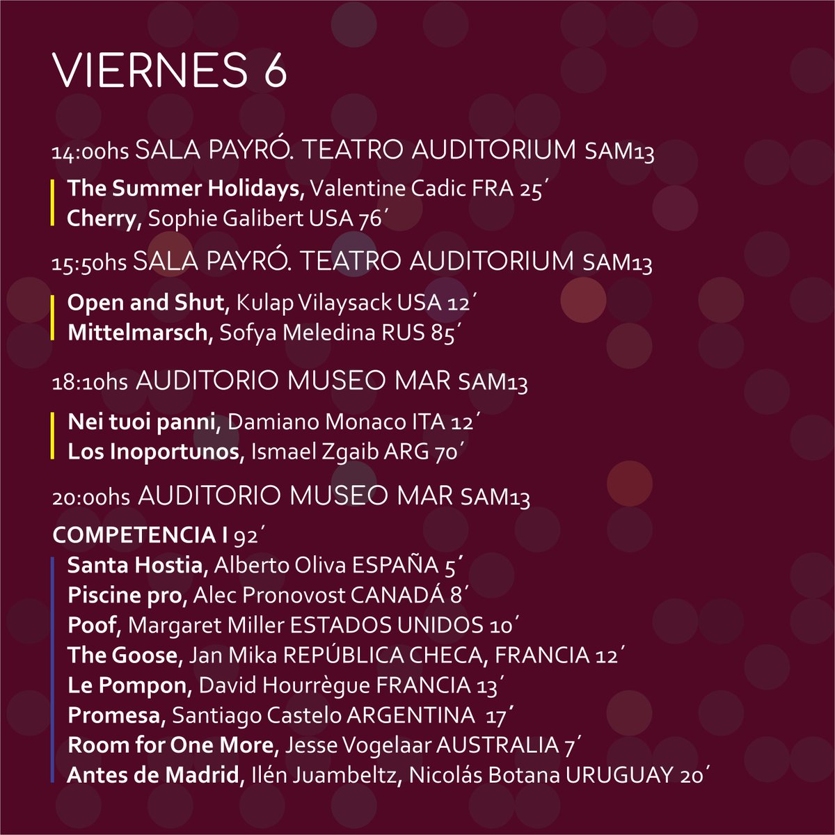 FuncinemaFest's tweet photo. Día 3 del 9° #FuncinemaFest 🤣 Desde las 14:00 en la Sala Payró del @auditoriumrs, con entrada libre y gratuita 🥳. Los esperamos con los cortos #TheSummerHolidays ☀️#OpenAndShut 👀 y los largometrajes #Cherry 🧸 y #Mittelmarsch. ❤️ https://t.co/5ihLSQz0Tm