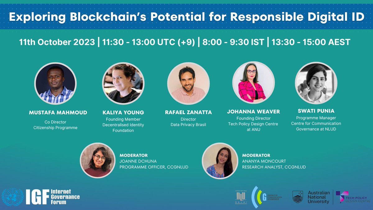 Centre for Communication Governance at NLU Delhi (@ccgnlud) on Twitter photo Can #emergingtech like #blockchain help create inclusive & responsible #digitalidentity systems? Join our workshop @Intgovforum on 11 Oct at 8AM IST to hear from a diverse panel. Register bit.ly/3tjos70
<a href="/IdentityWoman/">Kaliya- @IdentityWoman@mas.to</a> @merchoz4 <a href="/_JohannaWeaver/">Johanna Weaver</a> @Rafa_Zanatta <a href="/Swati__Punia/">Swati Punia</a> Can #emergingtech like #blockchain help create inclusive & responsible #digitalidentity systems? Join our workshop @Intgovforum on 11 Oct at 8AM IST to hear from a diverse panel. Register bit.ly/3tjos70
<a href="/IdentityWoman/">Kaliya- @IdentityWoman@mas.to</a> @merchoz4 <a href="/_JohannaWeaver/">Johanna Weaver</a> @Rafa_Zanatta <a href="/Swati__Punia/">Swati Punia</a>