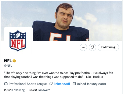 CHGO_Sports's tweet photo. The @NFL Twitter account started the week with Taylor Swift, it's ending it with Dick Butkus. #RIP51 https://t.co/2SbrysfIaA
