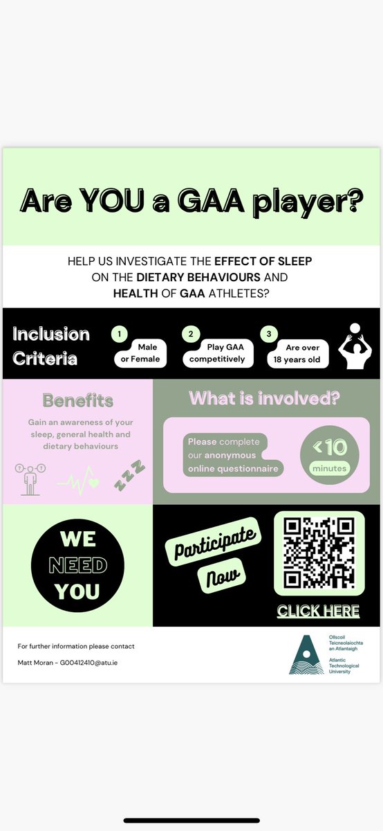 Participants wanted for study looking at the effect of sleep on dietary habits / food cravings in GAA players 😴 RTs welcome 

forms.office.com/e/41ugEufkiy
