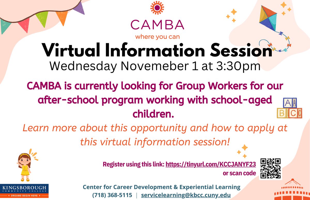KBCCCareer's tweet image. 🌠Info Session with CAMBA!

📅 November 1, 2023

⌚ 3:30 pm EST

#KBCC #KCCc102