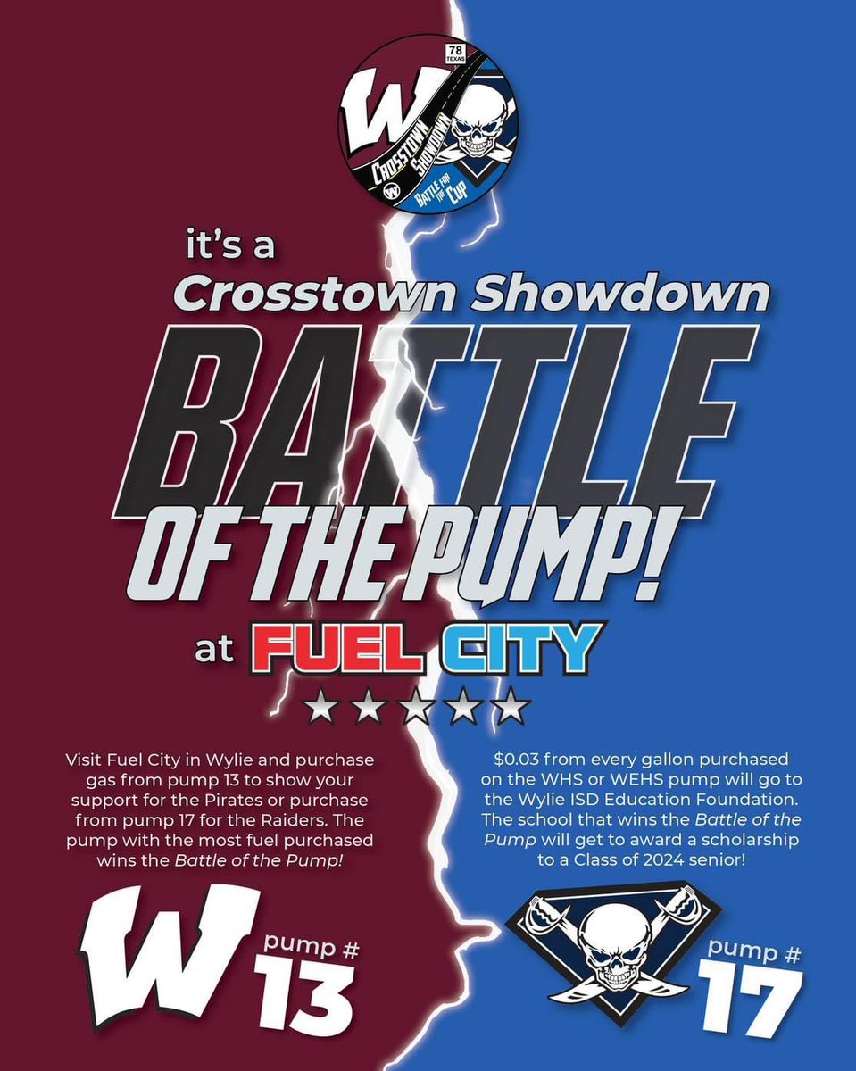 Round 3 of Pack the Pump is TOMORROW from 9 am - 12 pm. The race is close with the schools tied 1-1. 𝐓𝐡𝐞 𝐛𝐚𝐭𝐭𝐥𝐞 𝐢𝐬 𝐨𝐧! 

<a href="/FuelCity/">Fuel City</a> will donate $0.03/gal to Wylie ISD Education Foundation for Grants for Teachers and Scholarships for Seniors!

#AHMO #DUBEAST