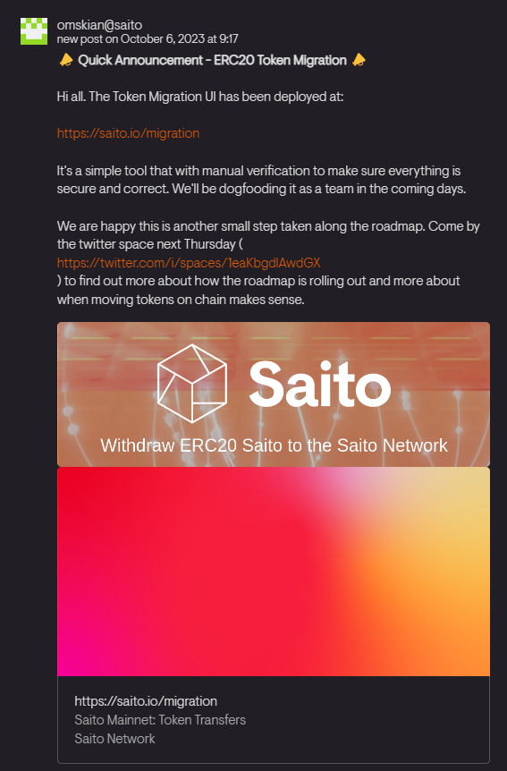 TuchoThe's tweet photo. Great news straight out of Red Square:

$SAITO Token Migration UI is now LIVE at https://t.co/YfBc7pSE3j 🟥 https://t.co/tygCkRlVjF