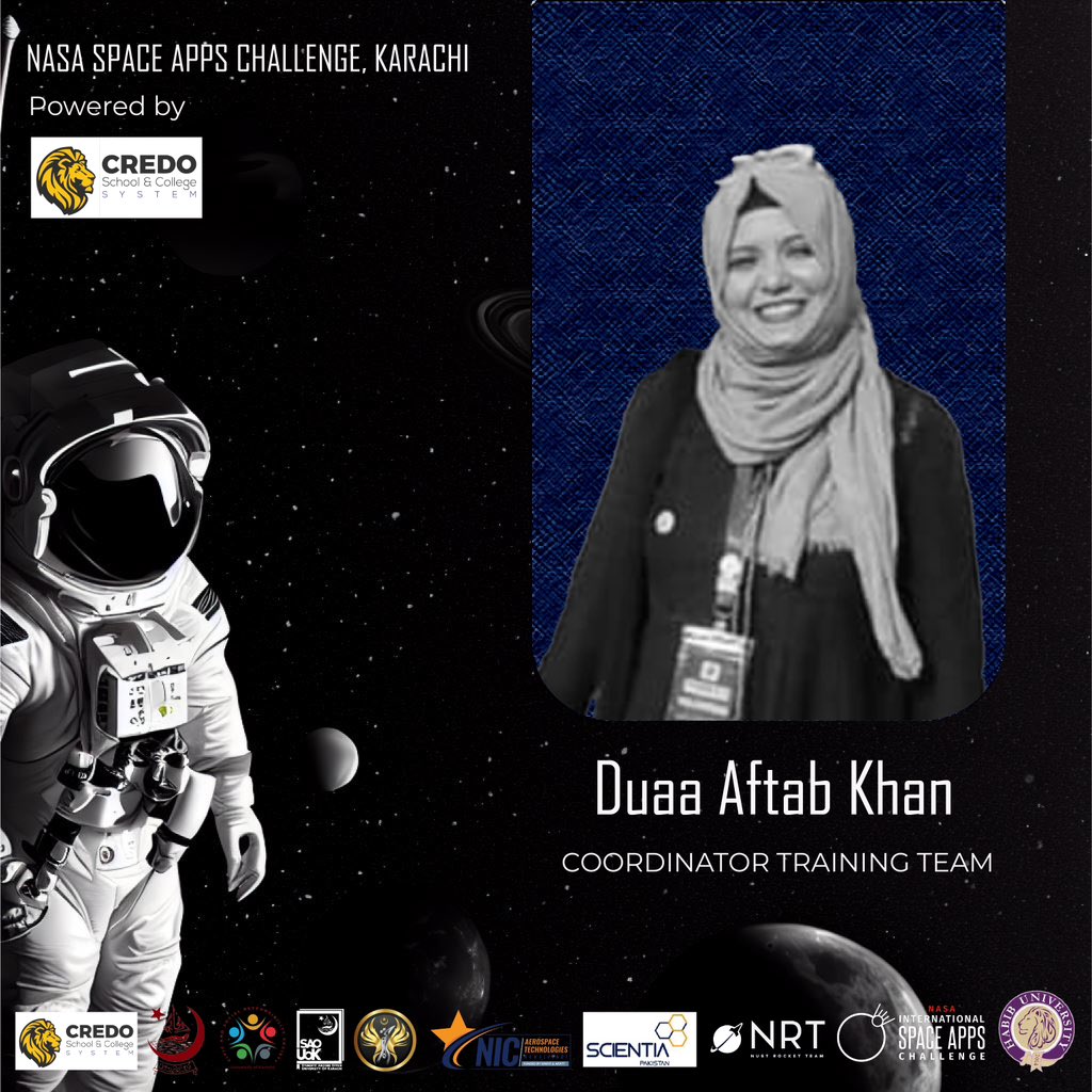 spaceapps_khi's tweet photo. Meet DUA AFTAB KHAN, our dedicated coordinator training team lead. Their cheerful demeanor, unwavering optimism, and ability to handle challenges with grace inspire everyone around the.

 #Empowerment #YouthInspiration #PositiveChange #NasainKarachi #spaceapps2023 #space https://t.co/oNAmCPn2o9