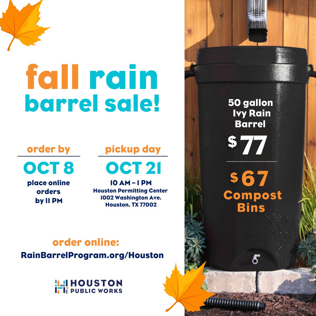 Don't miss out on the chance to snag your very own rain barrel and compost bin at an incredible discount! This Sunday, October 8th, is the LAST day to place your order, so act quickly and order yours today! ➡ RainBarrelProgram.org/Houston
#RainBarrel #CompostBin #ConserveWater