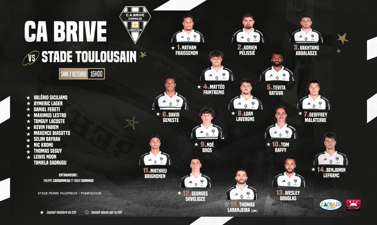 📣 𝐗𝐕 𝐃𝐄 𝐃𝐄́𝐏𝐀𝐑𝐓 ⚫️⚪️

Découvrez la composition des Brivistes pour affronter le <a href="/StadeToulousain/">Stade Toulousain</a> demain à Pompadour 👥👊
Coup d'envoi à 16h00 !

Rappel des infos pour venir au match 
➡️ bit.ly/3LMlBcT

#WEARECAB