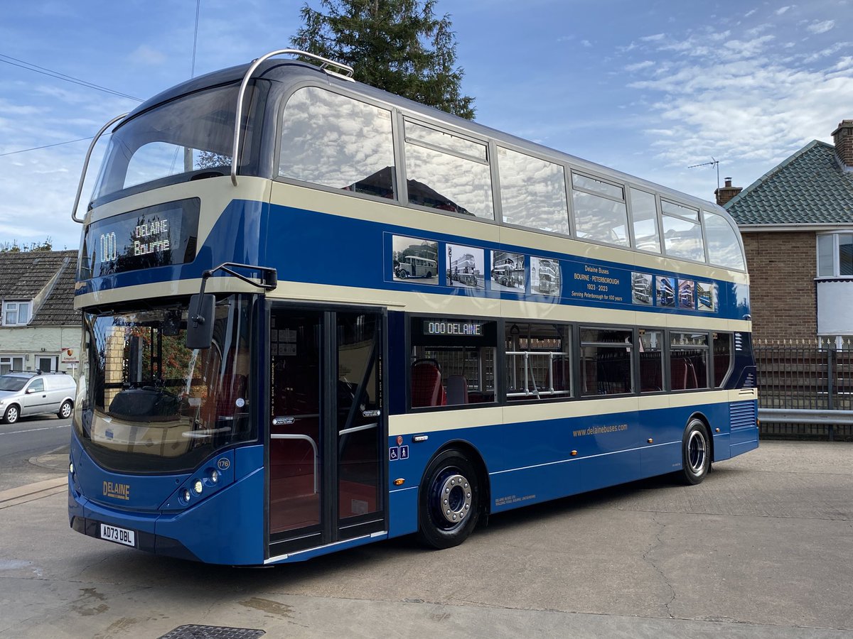 Our new ADL E400 City, AD73 DBL (176) is carrying commemorative adverts celebrating 100 years of our Bourne-Peterborough service with a selection of photos of our buses of yesteryear on the streets of Peterborough. ⁦<a href="/ADLbus/">Alexander Dennis</a>⁩ ⁦<a href="/LincsBus/">LincsBusOfficial</a>⁩ ⁦<a href="/CambsPboroCA/">Cambridgeshire and Peterborough Combined Authority</a>⁩