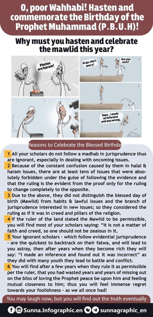 sunnagraphic_en's tweet image. New photo posted in Sunna infographic Foreign Languages: &apos;O, poor Wahhabi ! Hasten and Commemorate the birthday of the prophet Muhammad (P.B.U.H)

#Telegram_Channel
ift.tt/uetI7jh
#FB
@sunna.infographic.en&apos; ift.tt/QlDPLWw