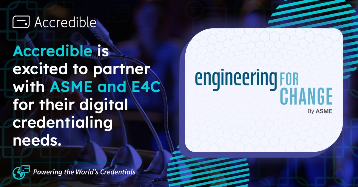 Accredible's tweet image. Accredible is excited to partner with @ASMEdotorg and E4C to bring digital credentials to their Fellows!

#E4CFellowship #Sustainability #EngineeringForChange #E4CFellowshipCredential