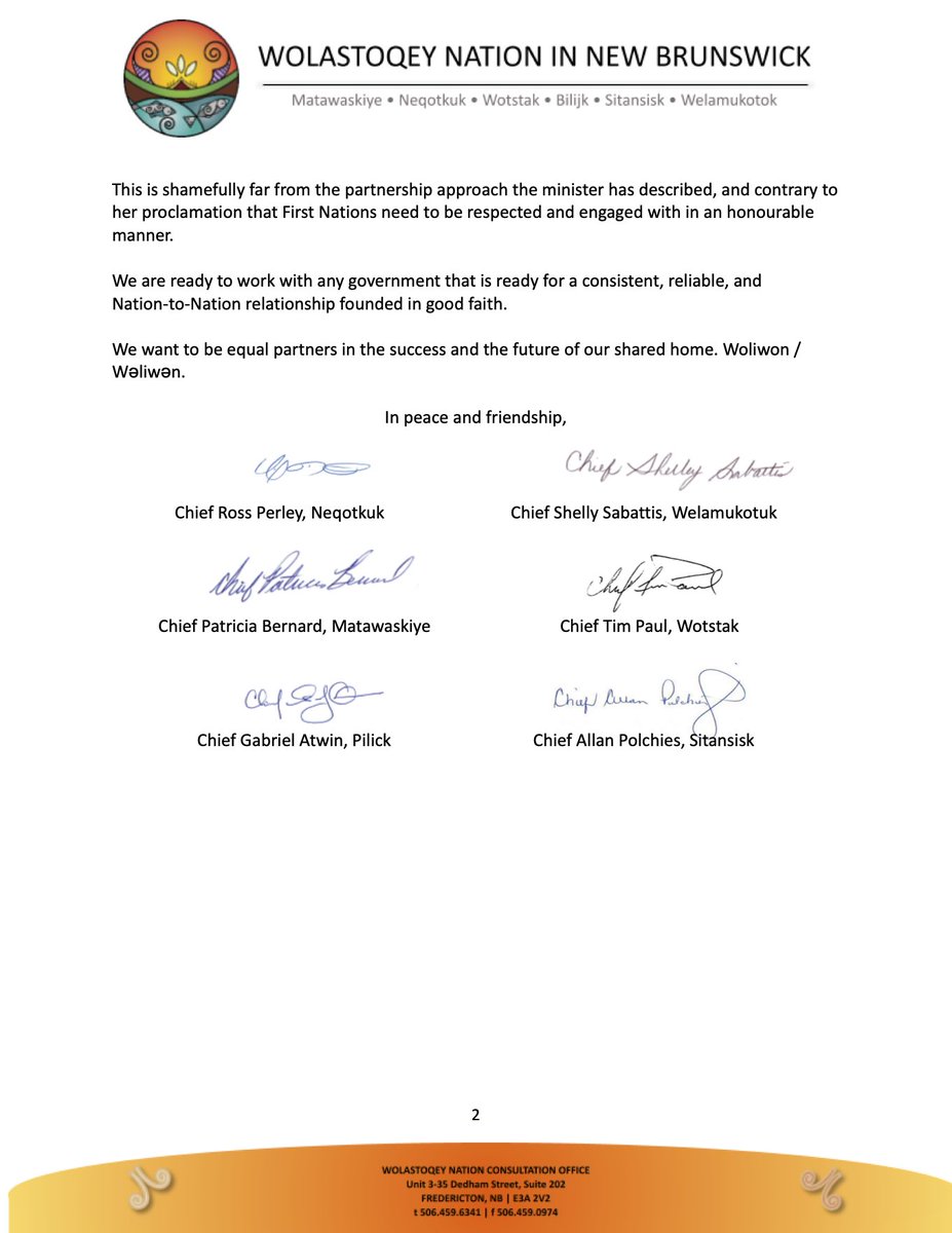 WolastoqeyNNB's tweet photo. Open letter from the six Wolastoqey chiefs regarding the state of relations with the Government of New Brunswick https://t.co/tzMskxw6Wz