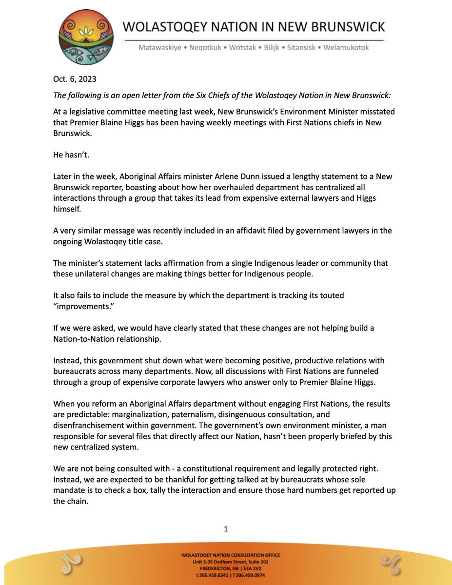 WolastoqeyNNB's tweet photo. Open letter from the six Wolastoqey chiefs regarding the state of relations with the Government of New Brunswick https://t.co/tzMskxw6Wz