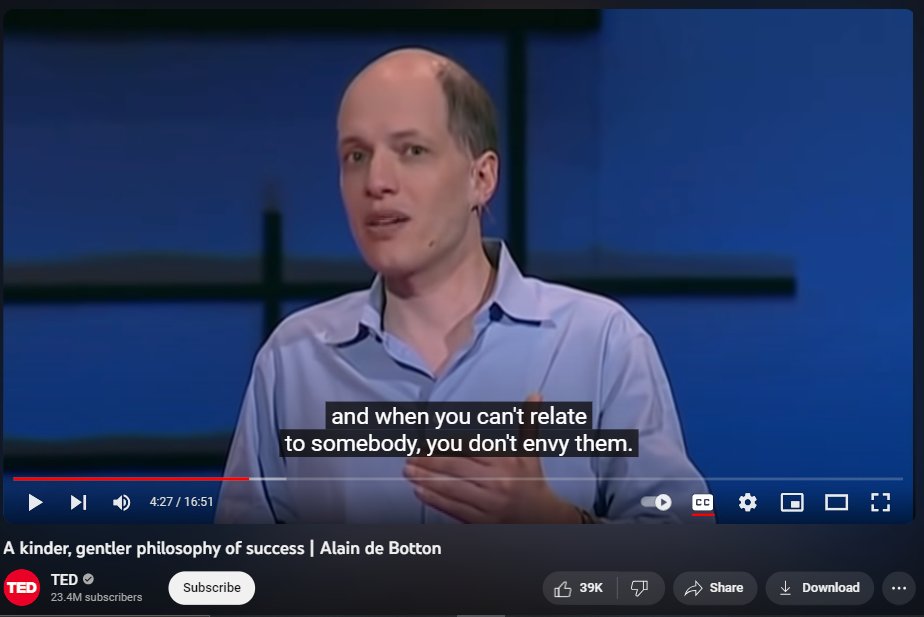 elisabetguwanto's tweet photo. "temen2 yg seumuran aku udah punya karier bagus &amp; mencapai banyak hal. kok aku gini2 aja ya?"

kalo kamu sering mikir gitu, coba nonton TED Talk dr Alain de Botton ini. bikin nangis 😭

we should not give up on our ideas of success, but we should make sure that they are our own. https://t.co/Zw8dQziLnj