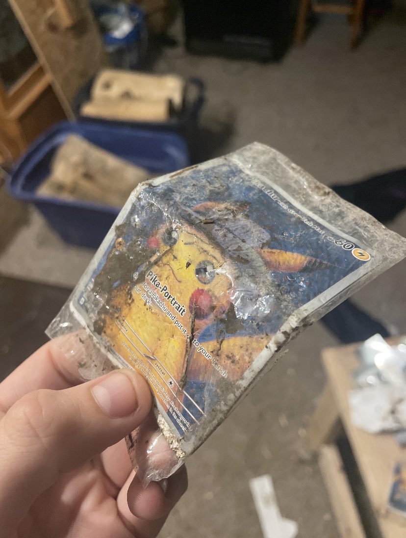 PokeTCGiveaways's tweet photo. A FedEx driver threw this guys package into his yard whilst he was at school, his animals got hold of it and did this to his Smeargle sleeves and Pikachu promos…😭

📸 Reddit: u/Mrpuffpuff196

#PokemonTCG | #PokemonVanGogh https://t.co/K6g81C3ZXL