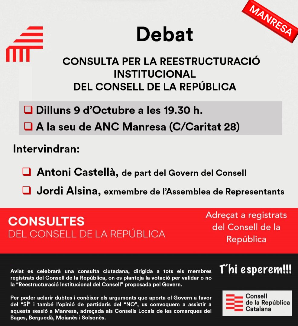 Dimecres s’inicia una consulta clau per l’evolució del CdR
Voleu conèixer els arguments per votar a favor de la reestructuració proposada pel Govern i els motius dels partidaris del NO?
📅Dilluns 9 a les 19:30 a Manresa
No hi falteu!