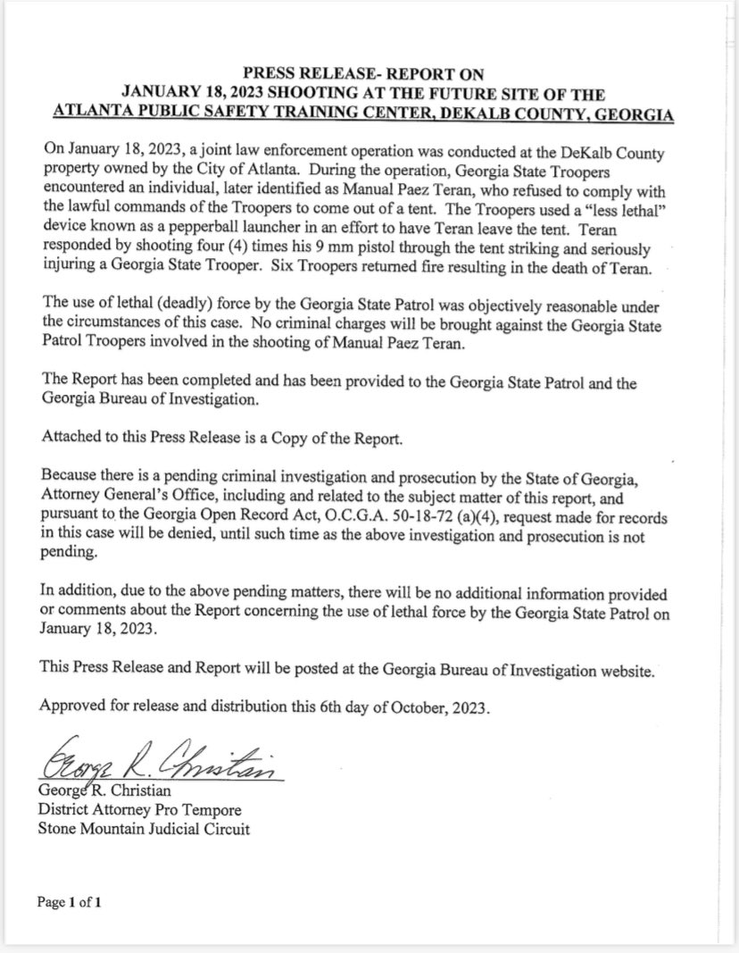 JozsefPapp_'s tweet photo. BREAKING: No criminal charges to be filed against Georgia State Troopers who shot and killed Manuel “Tortuguita” Teran, according to Stone Mountain Judicial Circuit DA George Christian. @ajc https://t.co/wTtl0TQ6XM