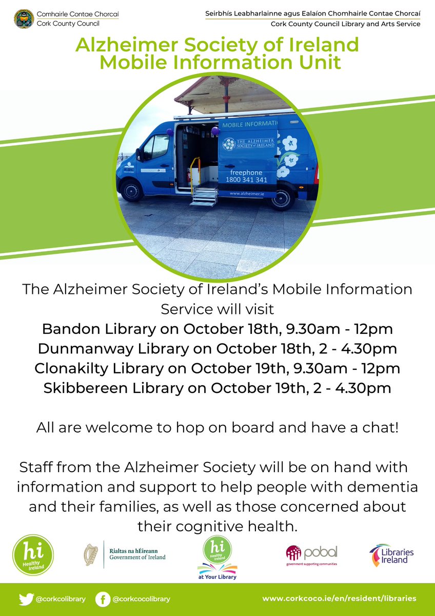 The Alzheimer Society will tour West Cork, visiting Bandon & Dunmanway on October 18th and Clonakilty & Skibbereen on October 19th.
All are welcome to hop on board for a chat.
#HealthyIrelandatYourLibrary
#DementiaSupports #DementiaIre2023