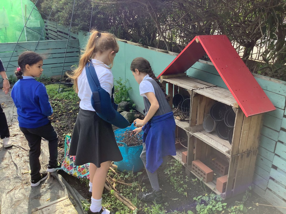 MPPS_Wirral's tweet photo. Eco Team Update - today we were back at the school allotment to make a start on our scarecrow- look at those legs! We also decorated pebbles to add to the bug hotel, along with plant pots and twigs and sticks. https://t.co/XpaPatb09q