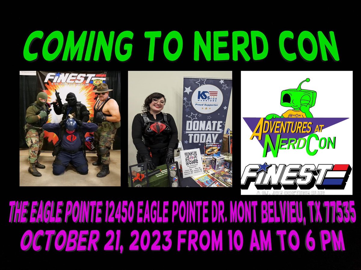 TheFinestCC's tweet photo. Texas! See you Oct. 21 at Nerd Con in Mont Belvieu! 💥 💥 💥 

Meet local members of our Texas garrison, the 28th Rough Riders, and help us raise money for K9s For Warriors! 

#cosplay #comiccon #anime #NerdCon #montbelvieu #TheFinestCC https://t.co/SZktViAmKR