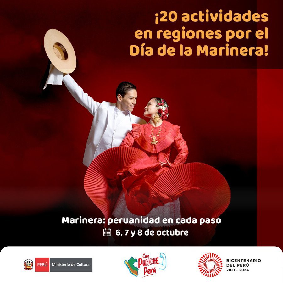 MinCulturaPe's tweet photo. ¡Es hoy! 🎶 20 actividades se realizarán en diferentes regiones del país por el #DíaDeLaMarinera, en las que puedes participar. 🇵🇪💃🏻

Prepara tu pañuelo e ingresa aquí para conocer la programación 👉🏼 https://t.co/IFsms8L1SW https://t.co/QTxRL7HC5s