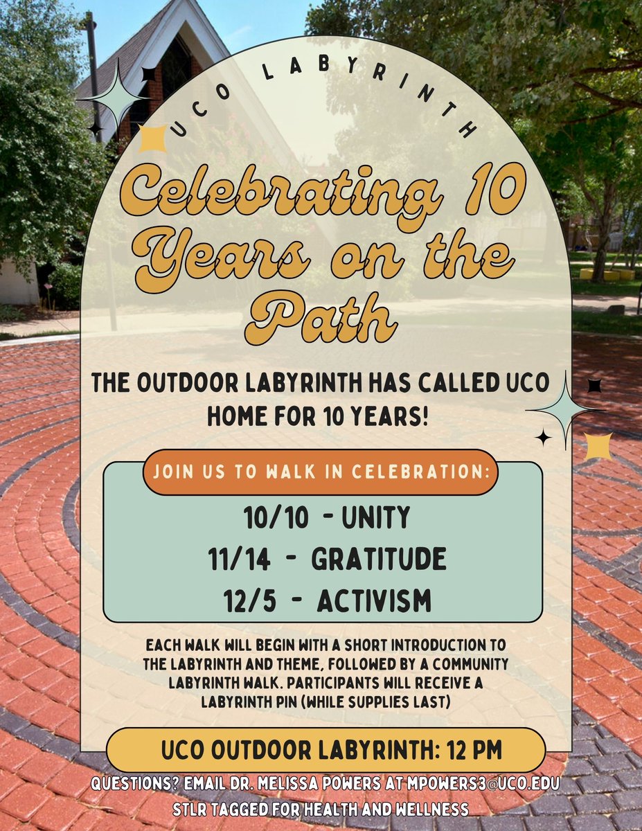 Join us to celebrate the labyrinth's 10 years at Central, themed Labyrinth walks will happen monthly for the rest of the semester. A labyrinth facilitator will provide information about the labyrinth and the corresponding theme, followed by a community labyrinth walk.