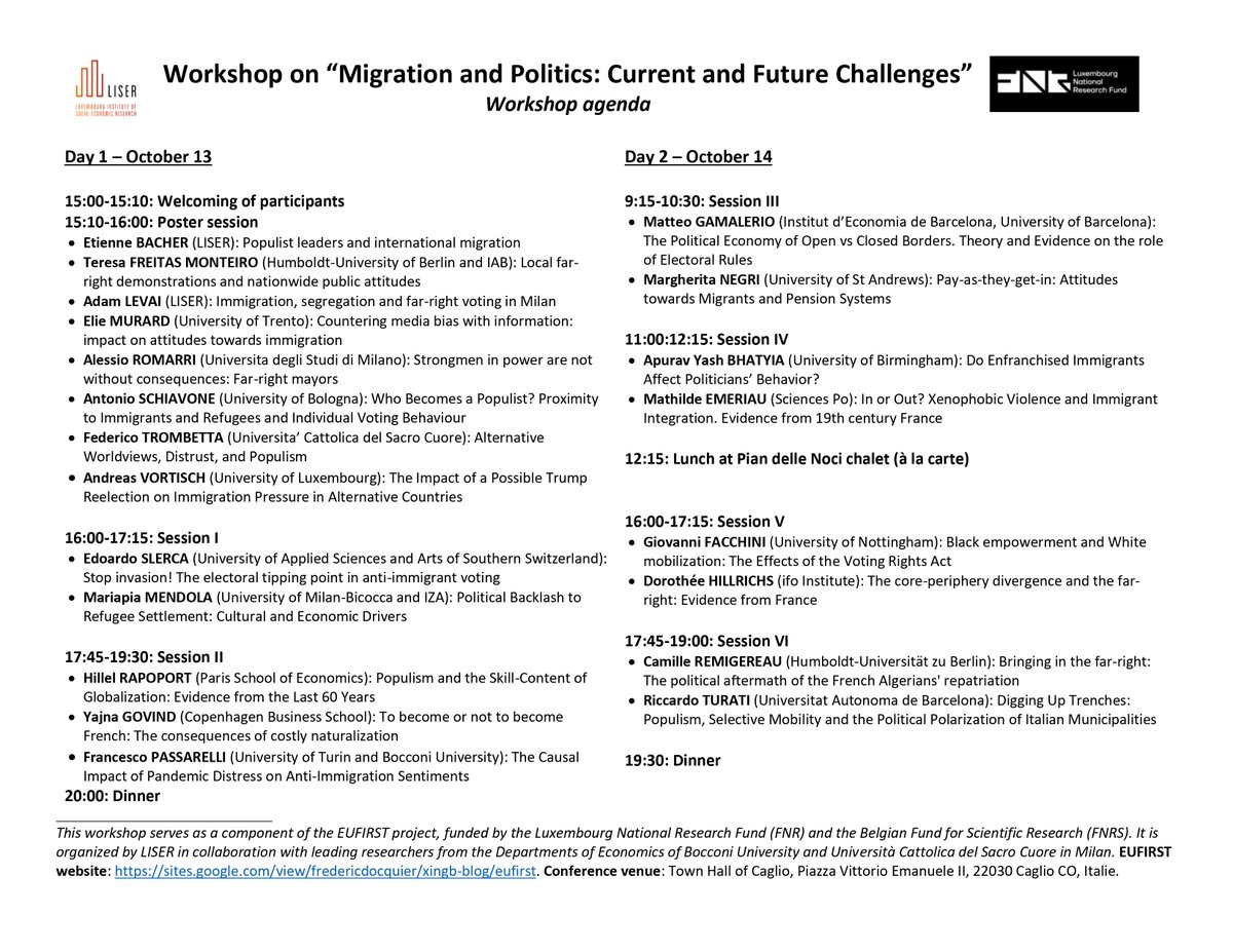 📣 NOW OUT : Discover the 🆕agenda for the workshop on '#Migration and #Politics: Current and Future Challenges'. 🗓️13-14 Oct. 2023 in Caglio, Italy 🇮🇹 ℹ️ This workshop serves as a component of the #EUFIRSTproject funded by @FnrLux & @NCP_frsFNRS 🔗liser.lu/?type=news&id=…
