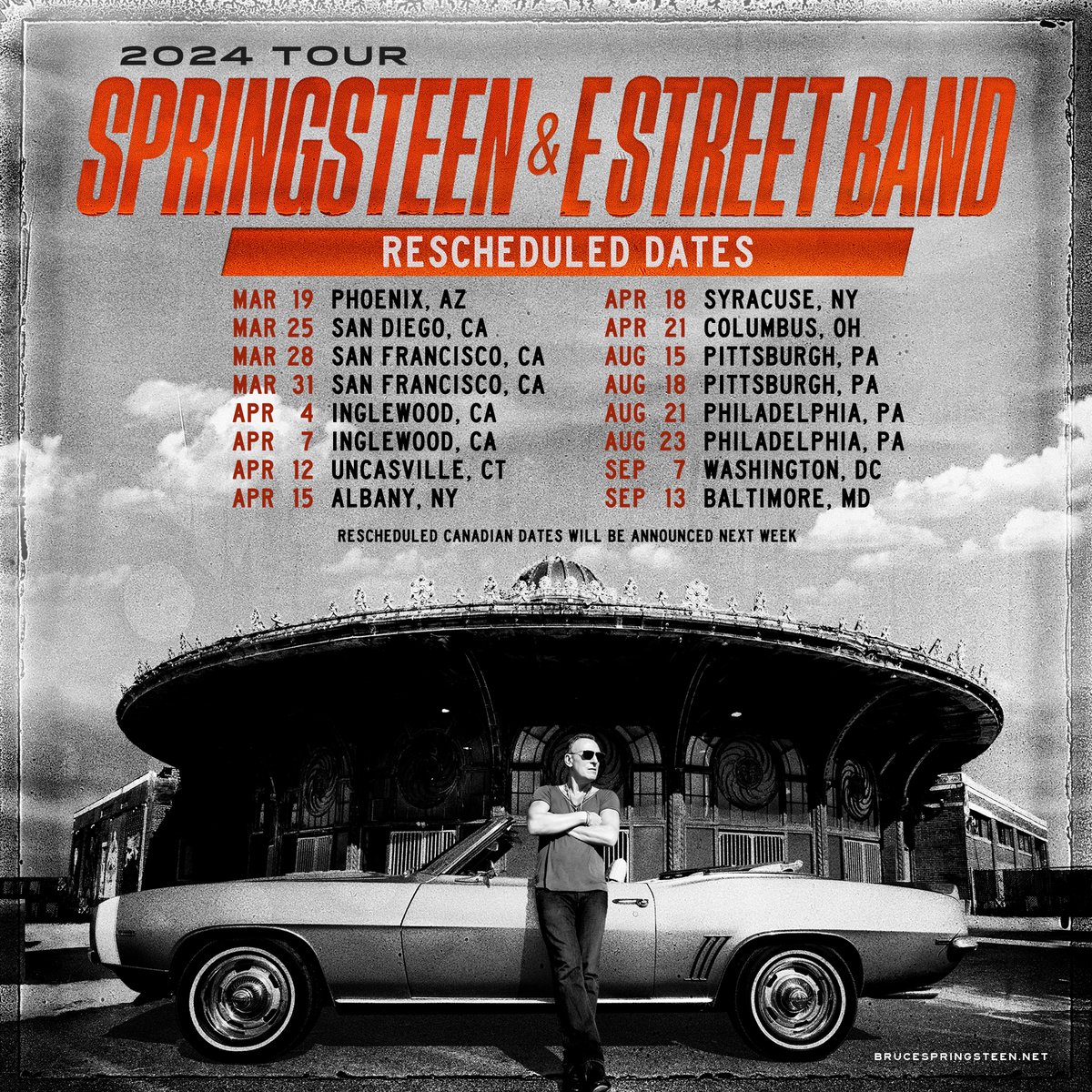 Bruce Springsteen and The E Street Band's postponed U.S. tour dates have been rescheduled and announced for 2024: March 19 - Phoenix, AZ @ Footprint Center (rescheduled from Nov. 30, 2023) March 25 - San Diego, CA @ Pechanga Arena (rescheduled from Dec. 2, 2023) March 28 - San
