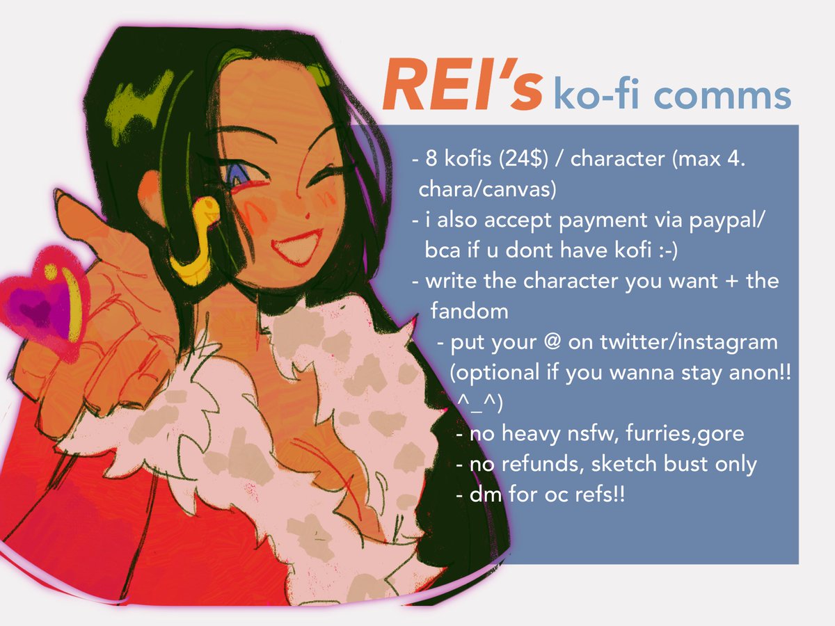 [OCTOBER KOFI COMMS] Hi everyone, another month another pile of bills to pay!! Opening my kofi comms to pay for grocery, books, transportation etc :> kofi: ko-fi.com/riicolato paypal: paypal.me/riicolato Retweets, likes, and shares very much appreciated!