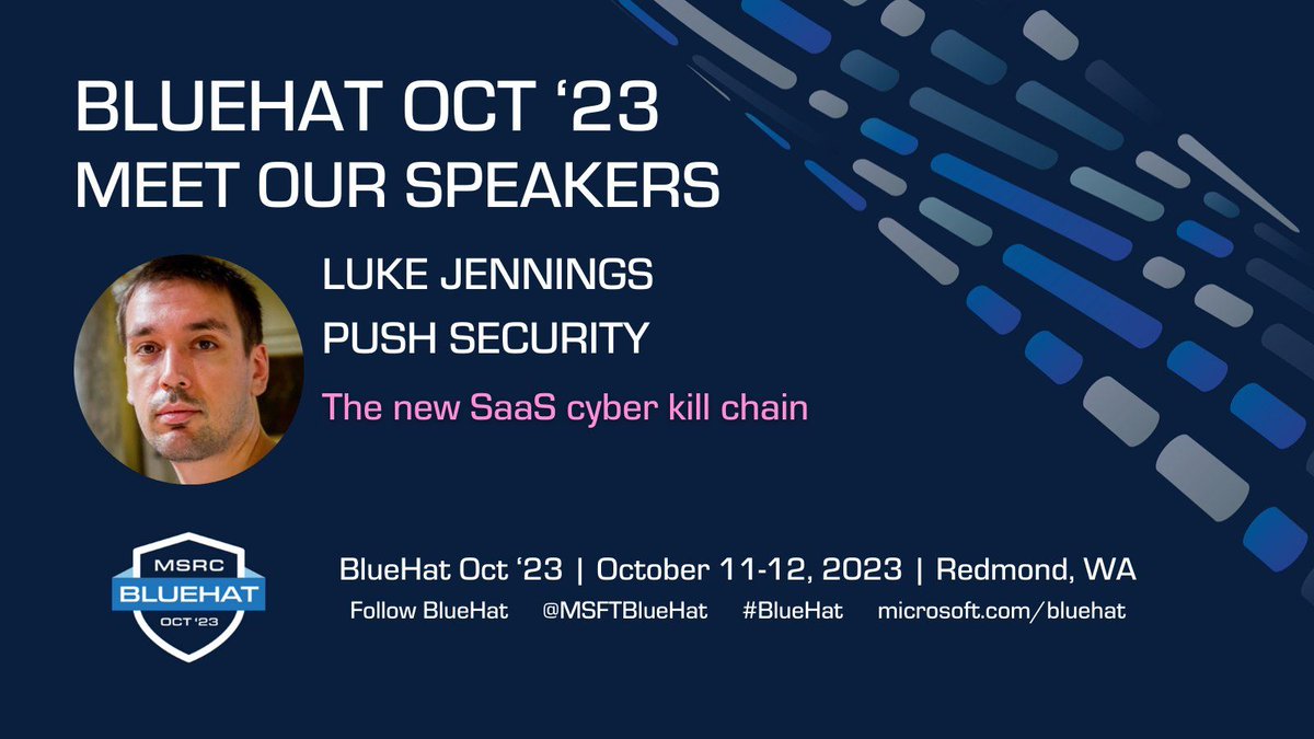PushSecurity's tweet image. Attending #BlueHat? Don&apos;t miss Push&apos;s VP of Research @jukelennings speaking on the new SaaS cyber kill chain!

#cybersecurity #saasattacks #saassecurity #infosec #security