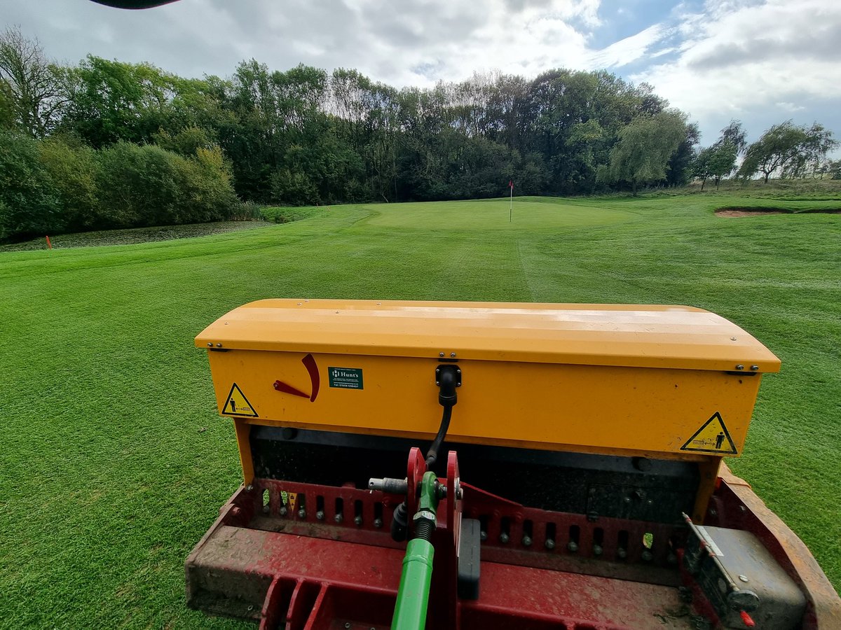 A week of overseeding finished with a double pass on approaches with browntop bent. Temperatures look good for some reasonably quick germination as well. #golf #greenkeeping
