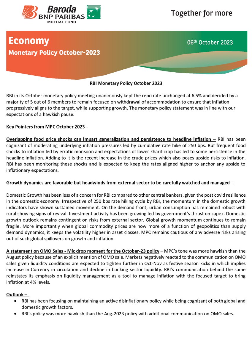 barodabnppmf's tweet photo. Key pointers from RBI Monetary Policy October 2023.
#BarodaBNPParibas #RBI #MPC #GDP #InflationForecast #IndianEconomy #MutualFundsSahiHai https://t.co/CJ9MPeVDdO