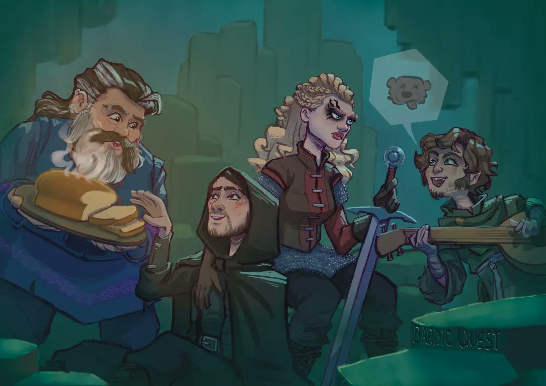 "The Companions".
A special commissioned artwork by artist Rebecca Mansfield to celebrate <a href="/BardicQuest/">Bardic Quest</a> 2nd Birthday and 100th episode.
Congratulations and much love to <a href="/Wayne_Ingram/">Wayne Ingram</a> <a href="/AnninaKaski/">Annina Kaski</a> <a href="/IsaacFinch/">Isaac Finch</a> <a href="/JamesBryanActor/">James Bryan - Actor</a> and <a href="/OliLeonard_esq/">Oli Leonard</a>.
#DungeonsAndDragons #DnD #TTRPG