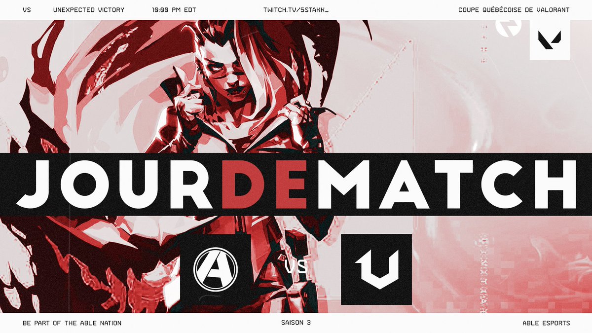 Notre équipe de #VALORANT continue l'action de la <a href="/CQV_Officiel/">Coupe Québécoise de Valorant</a> ce soir !

🆚 <a href="/UV1_eSports/">Unexpected Victory</a>
🕒 10 PM
📺 twitch.tv/5stakk_
🎙️ @PolopoloLive &amp; <a href="/Guacc38/">Guacc</a> 

@Riouxxxxx
<a href="/Stalker_Fps/">Stalker</a>
<a href="/VolcaNCS/">VolcaN</a>
<a href="/wounD_tv/">wounD 🇨🇦</a>
@XplicitCs