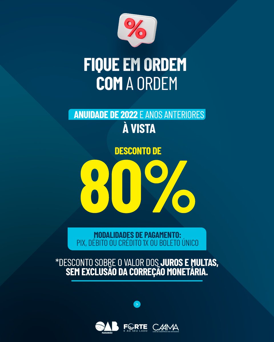 oab_ma's tweet photo. ➕ São descontos de até 80% aplicados sobre juros e multas do débito, sem exclusão da correção monetária, e de acordo com a forma de pagamento escolhida.

🔗 Acesse o nosso site e aproveite todas as facilidades: https://t.co/iSxdBRhPiI https://t.co/d7etinozcG