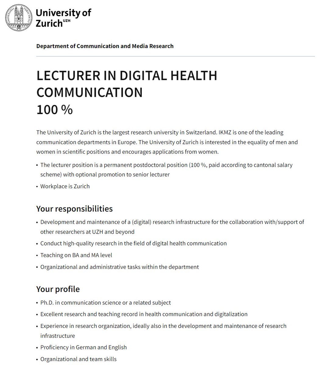 Come work with us: We're looking for a #lecturer in #digital #health #communication! 📣
✅ Permanent position at postdoctoral level
✅ 100% paid
✅ workplace #Zurich

Deadline for #applications is 30.11.23, earliest starting date is 01.03.24. More info: jobs.uzh.ch/offene-stellen…