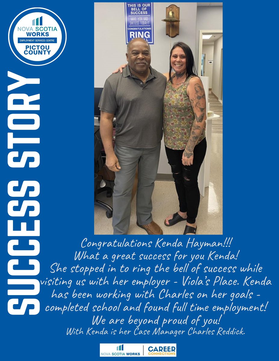 nsworkscareer's tweet photo. Congratulations Kenda Hayman!!! What a great success for you! She stopped in to ring the #Bellofsuccess while visiting us with her employer - Viola’s Place. Kenda has been working with Charles on her goals - completed school and found full time employment! We are so proud of you! https://t.co/4i6omK7LEi