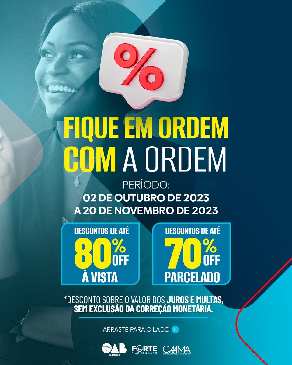 oab_ma's tweet photo. 📌 Para ajudar a advocacia maranhense a regularizar sua situação financeira, a OAB/MA lança o programa especial de pagamento e parcelamento de débitos das anuidades de 2023 e de anos anteriores que se encontram em atraso! https://t.co/JWFvJNjMsp