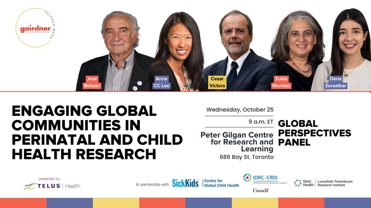 Join us on Oct 25 for our #GairdnerScienceWeek Gairdner Global Perspectives Panel! Emerging & established leaders in Perinatal and #ChildHealth will discuss how communities can be engaged + involved in the research process #GlobalHealth Register here ➡️ bit.ly/GSW_GPP