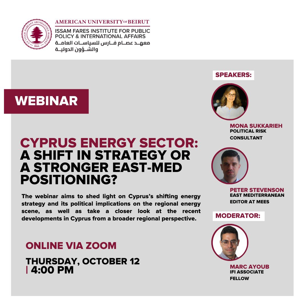 Our Institute cordially invites you to a webinar on the "Cyprus Energy Sector: A Shift in Strategy or a Stronger East-Med Positioning?" to be held via Zoom on Thursday, October 12, 2023 at 4:00 PM.

📎 Register here: bit.ly/48Tio5s