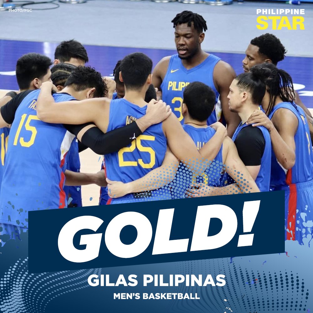 PhilippineStar's tweet photo. GOLD FOR GILAS! 🇵🇭🥇 

Gilas Pilipinas made history as they took home the country’s fourth gold medal during their match against Jordan, 70-60, at the 19th Asian Games in Hangzhou, China on Friday. https://t.co/2o21G84iPt