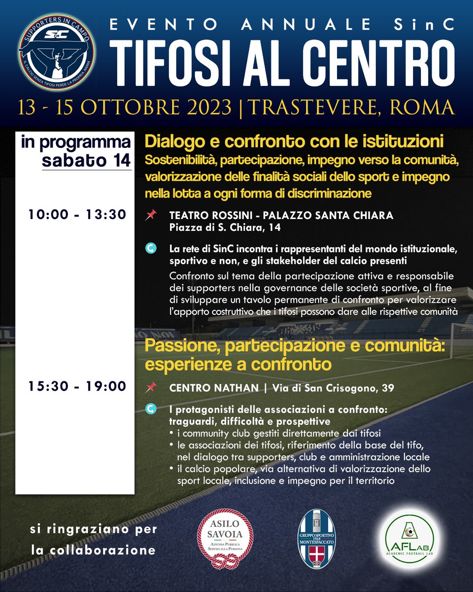 ‼️‼️Il programma dell’evento della rete di Supporters in Campo ‘Tifosi al centro: passione, partecipazione e comunità’. 13-15 Ottobre, Roma ‼️‼️

🔜 supporters-in-campo.it/2023/10/il-pro…