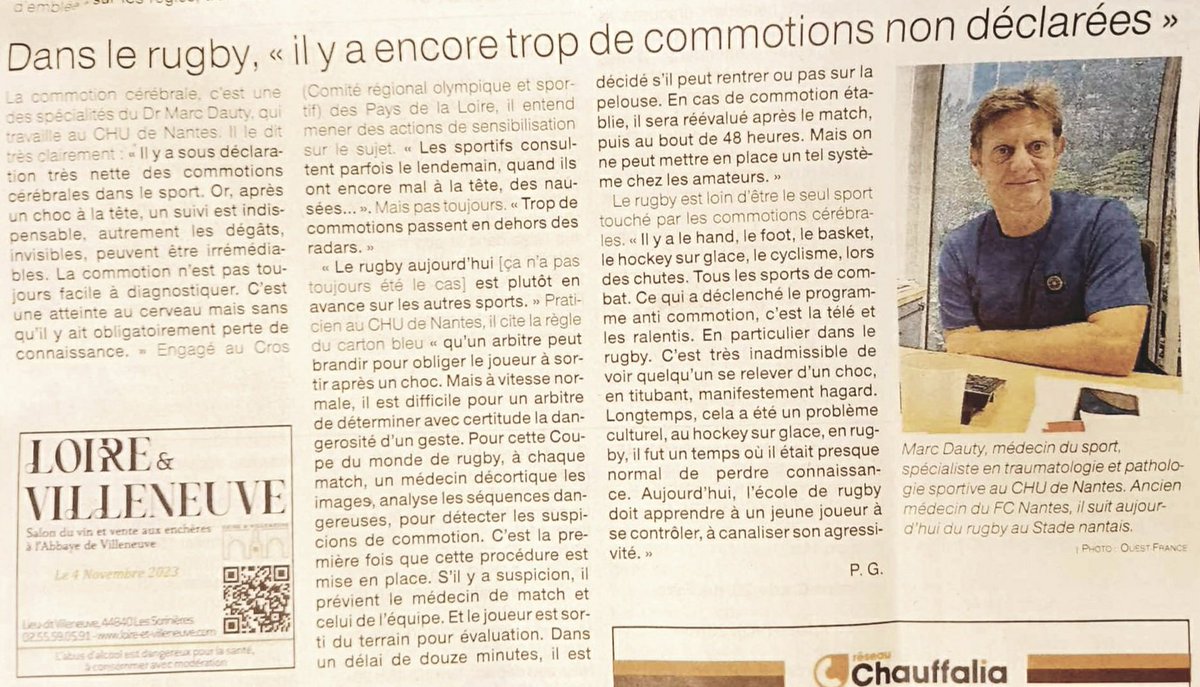 Interview du Dr @DautyMarc , chef de service de @MPRLocoNantes au @CHUnantes sur la nécessité d'une prise en charge adéquate des commotions cérébrales dans le #Rugby , mais aussi dans tous les sports de contact. Merci pour ces éclaircissements dans @OuestFrance #RugbyWorldCup