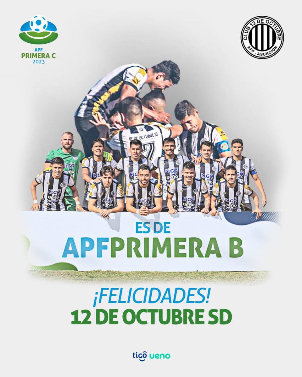 APFPrimeraC's tweet photo. El 12 está de fiesta 👏👏👏

El Club 12 de Octubre logró el ascenso y disputará la @APFPrimeraB en la temporada 2⃣0⃣2⃣4⃣ 

¡Felicidades al 𝔸𝕝𝕓𝕚𝕟𝕖𝕘𝕣𝕠 del barrio Santo Domingo por este gran logro! ⚽🙌 https://t.co/4xMrgOysQb