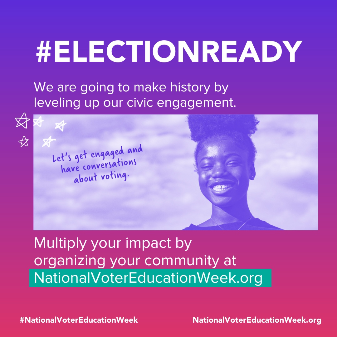Democracy is a team sport. Now that you’re a voting expert with #NationalVoterEducationWeek take the message back to your community and help them be #VoteReady 🗳️🤝 votereducationweek.org/mobilize-your-…