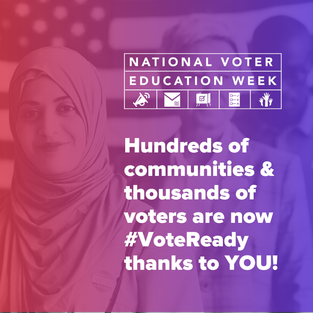 #NationalVoterEducationWeek is wrapping up, and thanks to more than 400 incredible partners, we reached hundreds of thousands of voters! We've educated & empowered citizens to engage in our democracy. Let's carry this momentum forward to build a stronger democracy together.