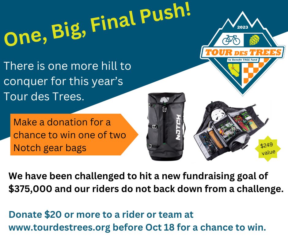 Help us reach our $375,000 fundraising goal! 
Donate $20+ at tourdestrees.org between now and 10/18 for chance to win one of two Notch gear bags. Two winners will be selected after that date.