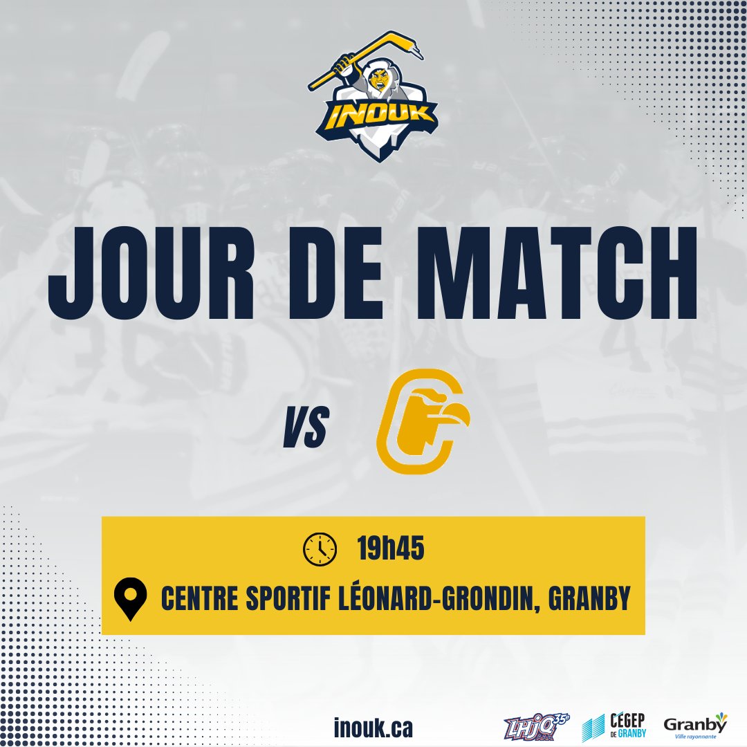 LesInouk's tweet image. JOUR DE MATCH !

Commencez la longue fin de semaine avec nous alors que nous affrontons ce soir les Condors du Cégep de Beauce-Appalaches !

On vous attend nombreux !

🕑 19h45
📍Granby

Go Inouk ! 🏒

cutt.ly/awavTPNv

#LHJAAAQ #Granby #CégepGranby #HockeyGranby