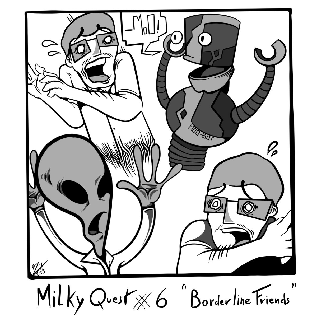 Zoupiot1's tweet photo. #Inktober ep6 

Milky Quest 

����"Borderline Friends"👽

During his journey, our protagonist meets friends even stranger than himself, like a robot who thinks he's a cow and an alien obsessed with milk.  They form an unlikely team to continue the quest.🚀🥛🐄

#inktober2023 https://t.co/UTq8YuFF0l