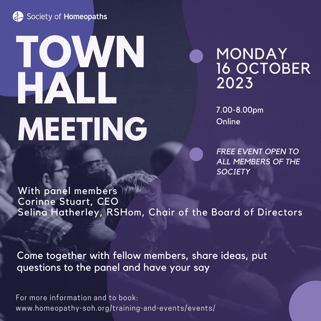 Society members book your place via homeopathy-soh.org/events/town-ha…
